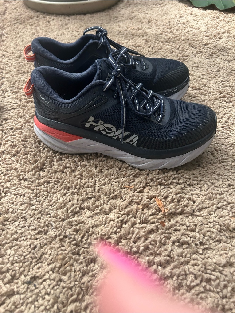 Hoka Navy Athletic Shoes with Coral Accents